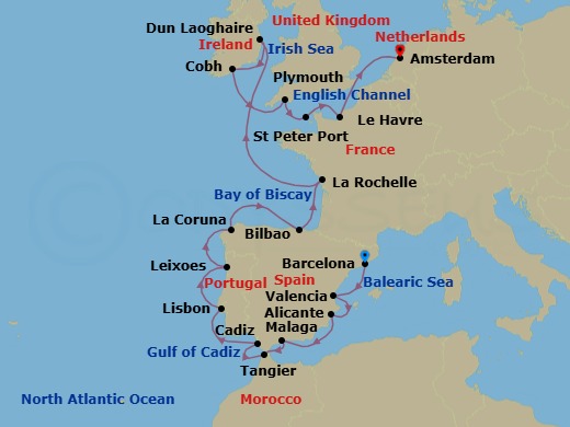 20 Night - Iberia & Atlantic Europe : Ireland & Lisbon Overnight - Zuiderdam - Starting in Barcelona, Spain, Valencia, Spain, Alicante, Spain, Malaga, Spain, Tangier, Morocco, Cadiz (Seville), Spain, Lisbon, Portugal, Leixoes (Porto), Portugal, A Coruna, Spain, Bilbao, La Rochelle, France, Dun Laoghaire (Dublin), Ireland, Cobh (Cork), Ireland, Plymouth, England, United Kingdom, St Peter Port, Guernsey, Le Havre (Paris), France, Amsterdam, the Netherlands itinerary map