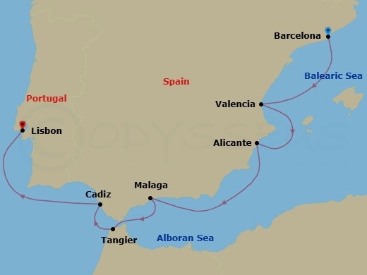 7 Night - Iberian Idyll : Spain & Morocco - Zuiderdam - Starting in Barcelona, Spain, Valencia, Spain, Alicante, Spain, Malaga, Spain, Tangier, Morocco, Cadiz (Seville), Spain, Lisbon, Portugal itinerary map