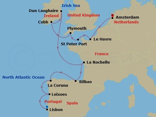 13 Night - Atlantic Europe : Portugal, Spain, France & Ireland - Zuiderdam - Starting in Lisbon, Portugal, Leixoes (Porto), Portugal, A Coruna, Spain, Bilbao, La Rochelle, France, Dun Laoghaire (Dublin), Ireland, Cobh (Cork), Ireland, Plymouth, England, United Kingdom, St Peter Port, Guernsey, Le Havre (Paris), France, Amsterdam, the Netherlands itinerary map