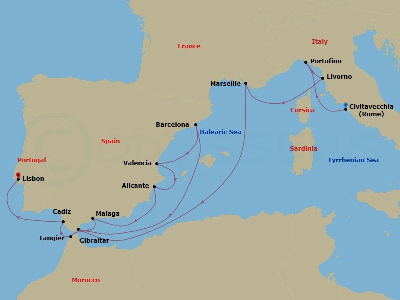 14 Night - Western Mediterranean & Iberia : Italy, France & Spain - Zuiderdam - Starting in Civitavecchia (Rome), Italy, Portofino, Italy, Livorno (Florence / Pisa), Italy, Marseille (Provence), France, Gibraltar, Barcelona, Spain, Valencia, Spain, Alicante, Spain, Malaga, Spain, Tangier, Morocco, Cadiz (Seville), Spain, Lisbon, Portugal itinerary map
