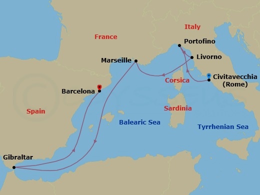 7 Night - Western Mediterranean : Italy, France & Gibraltar - Zuiderdam - Starting in Civitavecchia (Rome), Italy, Portofino, Italy, Livorno (Florence / Pisa), Italy, Marseille (Provence), France, Gibraltar, Barcelona, Spain itinerary map