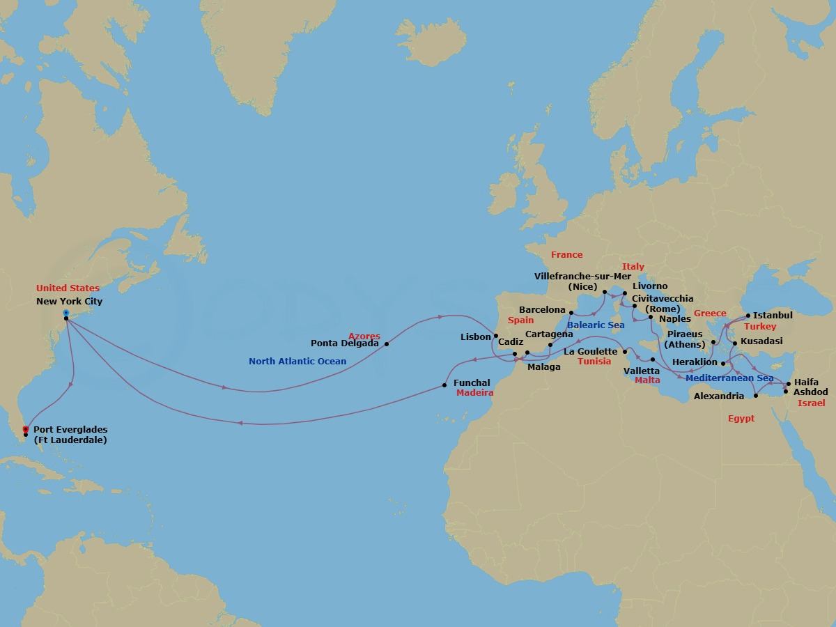 48 Night - Legendary Ultimate Mediterranean & Atlantic Passage - Volendam - Starting in New York, Ponta Delgada, Sao Miguel, Azores, Portugal, Lisbon, Portugal, Cruising Strait of Gibraltar, Cartagena ES, Barcelona, Spain, Villefranche-sur-Mer (Nice), France, Livorno (Florence / Pisa), Italy, Civitavecchia (Rome), Italy, Naples (Pompeii / Amalfi), Italy, Iraklion (Crete), Greece, Ashdod (Jerusalem), Israel, Haifa (Tel Aviv), Israel, Alexandria EG (Cairo), Egypt, Kusadasi (Ephesus), Turkey, Cruising the Dardanelles, Istanbul, Turkey, Piraeus (Athens), Greece, Valletta, Malta, La Goulette (Tunis), Tunisia, Malaga, Spain, Cruising Strait of Gibraltar, Cadiz (Seville), Spain, Funchal (Madeira), Portugal, New York, Fort Lauderdale, Florida itinerary map
