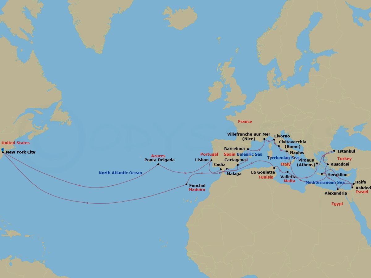45 Night - Legendary Ultimate Mediterranean & Atlantic Passage - Volendam - Starting in New York, Ponta Delgada, Sao Miguel, Azores, Portugal, Lisbon, Portugal, Cruising Strait of Gibraltar, Cartagena ES, Barcelona, Spain, Villefranche-sur-Mer (Nice), France, Livorno (Florence / Pisa), Italy, Civitavecchia (Rome), Italy, Naples (Pompeii / Amalfi), Italy, Iraklion (Crete), Greece, Ashdod (Jerusalem), Israel, Haifa (Tel Aviv), Israel, Alexandria EG (Cairo), Egypt, Kusadasi (Ephesus), Turkey, Cruising the Dardanelles, Istanbul, Turkey, Piraeus (Athens), Greece, Valletta, Malta, La Goulette (Tunis), Tunisia, Malaga, Spain, Cruising Strait of Gibraltar, Cadiz (Seville), Spain, Funchal (Madeira), Portugal, New York itinerary map