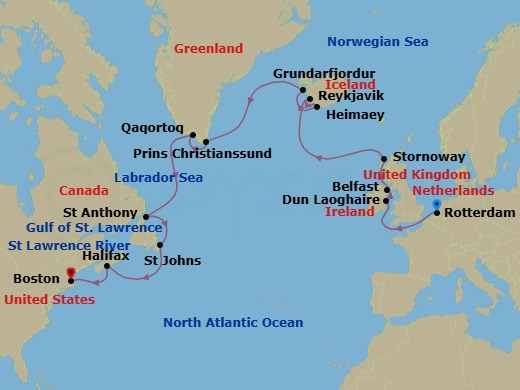 18 Night - Legendary Voyage of the Vikings - Volendam - Starting in Rotterdam, the Netherlands, Dun Laoghaire (Dublin), Ireland, Belfast, Northern Ireland, United Kingdom, Stornoway, Isle of Lewis, Scotland, United Kingdom, Reykjavik, Iceland, Heimaey, Westman Islands, Iceland, Grundarfjordur, Iceland, Cruising Prince Christian Sound, Qaqortoq, Greenland, St Anthony, Newfoundland, Canada, St Johns NF, Newfoundland, Halifax, Nova Scotia, Canada, Boston, Massachusetts itinerary map