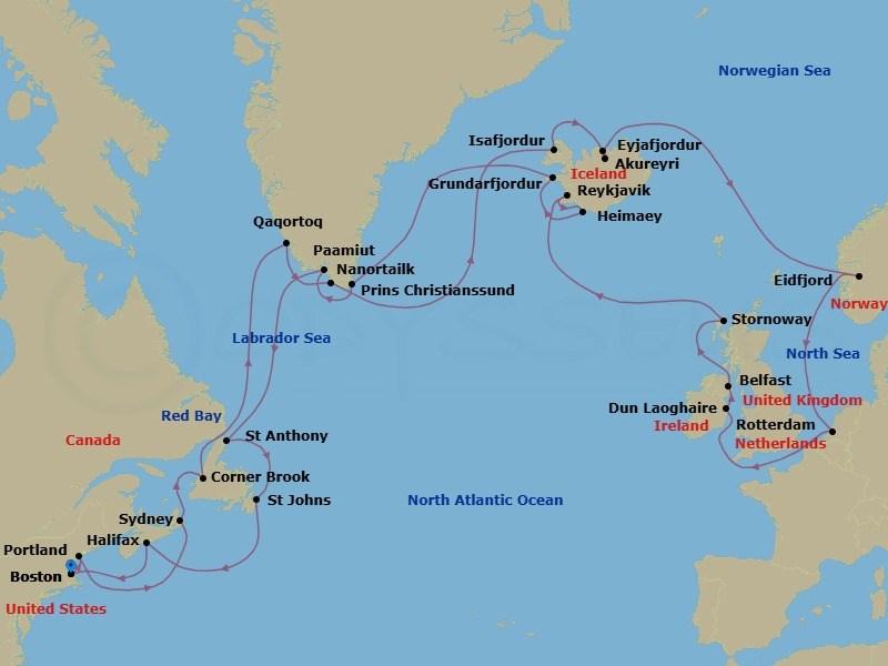 35 Night - Legendary Voyage of the Vikings - Volendam - Starting in Boston, Massachusetts, Portland ME, Sydney NS, Nova Scotia, Canada, Corner Brook, Newfoundland, Canada, Red Bay, Labrador, Canada, Paamiut (Frederikshab), Greenland, Nanortalik, Greenland, Isafjordur, Iceland, Scenic Cruising Isafjardurdjur, Akureyri, Iceland, Scenic cruising Eyjafjordur, Eidfjord, Norway, Scenic cruising Hardangerfjord, Rotterdam, the Netherlands, Dun Laoghaire (Dublin), Ireland, Belfast, Northern Ireland, United Kingdom, Stornoway, Isle of Lewis, Scotland, United Kingdom, Reykjavik, Iceland, Heimaey, Westman Islands, Iceland, Grundarfjordur, Iceland, Cruising Prince Christian Sound, Qaqortoq, Greenland, St Anthony, Newfoundland, Canada, St Johns NF, Newfoundland, Halifax, Nova Scotia, Canada, Boston, Massachusetts itinerary map