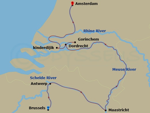 7 Night - Holland & Belgium at Tulip Time - S.S. Clara - Starting in Brussels, Antwerp (Scheldekaai), Maastricht, Gorinchem, Dordrecht, Kinderdijk, Amsterdam itinerary map