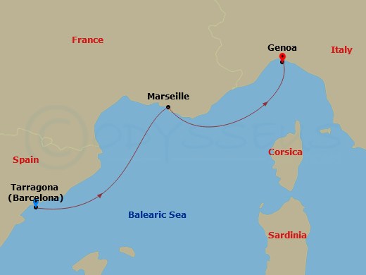 2 Night - Mediterranean - MSC Seaview - Starting in Tarragona, Spain, Marseille (Provence), France, Genoa (Portofino), Italy itinerary map