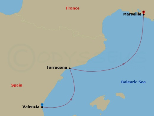 2 Night - Mediterranean - MSC Sinfonia - Starting in Valencia, Spain, Tarragona, Spain, Marseille (Provence), France itinerary map