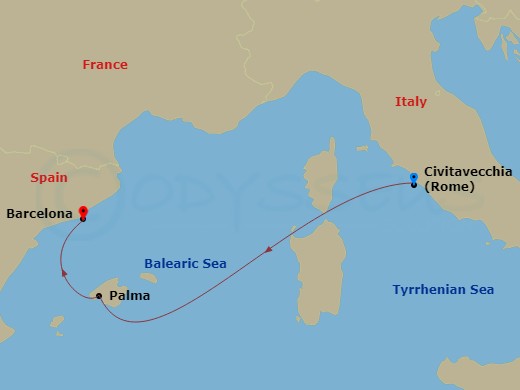 3 Night - Mediterranean - MSC Grandiosa - Starting in Civitavecchia (Rome), Italy, Palma De Mallorca (Balearic Islands), Spain, Barcelona, Spain itinerary map
