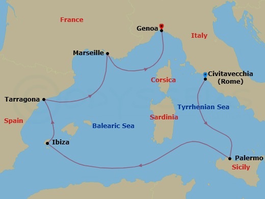 6 Night - Mediterranean - MSC Seaview - Starting in Civitavecchia (Rome), Italy, Palermo (Monreale), Italy, Ibiza (Balearic Islands), Spain, Tarragona, Spain, Marseille (Provence), France, Genoa (Portofino), Italy itinerary map