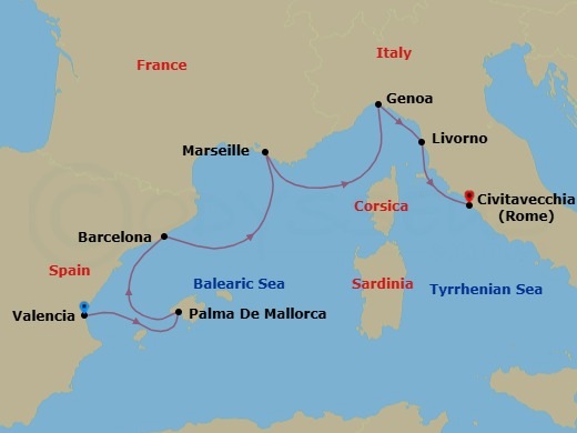 6 Night - Mediterranean - MSC Sinfonia - Starting in Valencia, Spain, Palma De Mallorca (Balearic Islands), Spain, Barcelona, Spain, Marseille (Provence), France, Genoa (Portofino), Italy, Livorno (Florence), Italy, Civitavecchia (Rome), Italy itinerary map