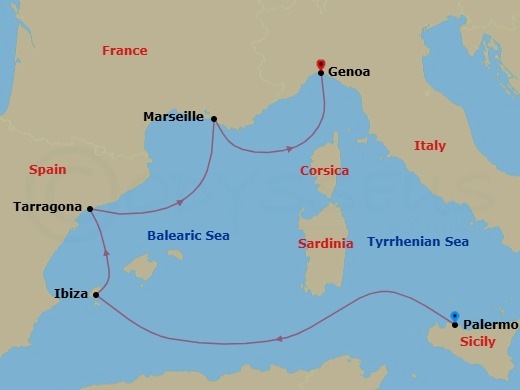 5 Night - Mediterranean - MSC Seaview - Starting in Palermo (Monreale), Italy, Ibiza (Balearic Islands), Spain, Tarragona, Spain, Marseille (Provence), France, Genoa (Portofino), Italy itinerary map