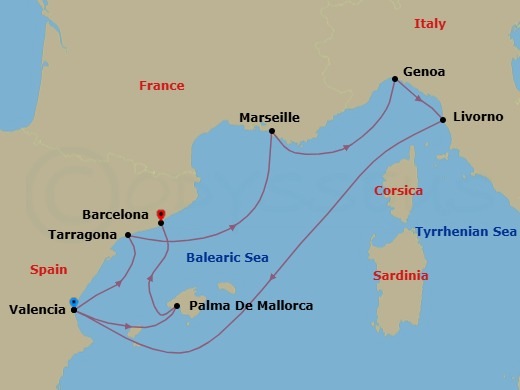 8 Night - Mediterranean - MSC Sinfonia - Starting in Valencia, Spain, Tarragona, Spain, Marseille (Provence), France, Genoa (Portofino), Italy, Livorno (Florence), Italy, Valencia, Spain, Palma De Mallorca (Balearic Islands), Spain, Barcelona, Spain itinerary map