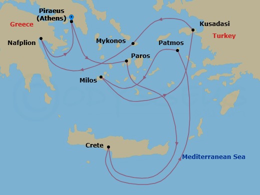 8 Night - Athens to Athens - Silver Shadow - Starting in Athens (Piraeus), Paros, Souda Bay (Crete), Patmos, Milos, Kusadasi, Mykonos, Nafplion, Athens (Piraeus) itinerary map