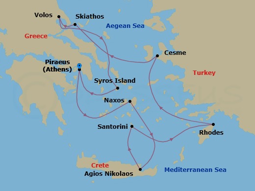 10 Night - Athens to Athens - Silver Shadow - Starting in Athens (Piraeus), Naxos, Aghios Nikolaos, Crete, Santorini, Rhodes, Cesme, Skiathos, Volos, Syros, Athens (Piraeus) itinerary map