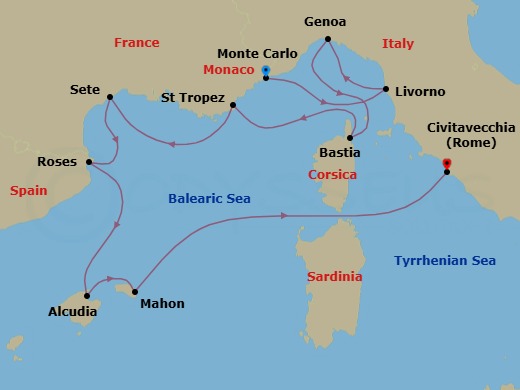 10 Night - Monte Carlo to Civitavecchia - Silver Dawn - Starting in Monte Carlo, Livorno (Tuscany), Genoa, Bastia, Corsica, Saint Tropez, Sete, Roses, Alcudia, Mallorca, Porto Mahon, Civitavecchia (Rome) itinerary map