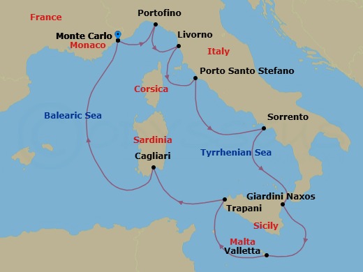 11 Night - Monte Carlo to Monte Carlo - Silver Dawn - Starting in Monte Carlo, Portofino, Livorno (Tuscany), Porto Santo Stefano, Sorrento, Giardini Naxos (Sicily), Valletta, Trapani, Sicily, Cagliari (Sardinia), Monte Carlo itinerary map
