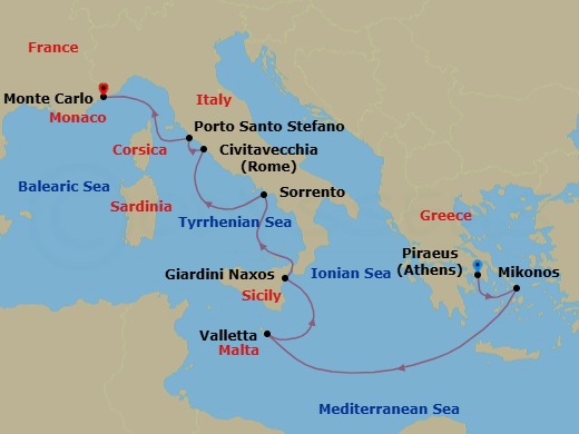 9 Night - Athens to Monte Carlo - Silver Dawn - Starting in Athens (Piraeus), Mykonos, Valletta, Giardini Naxos (Sicily), Sorrento, Civitavecchia (Rome), Porto Santo Stefano, Monte Carlo itinerary map