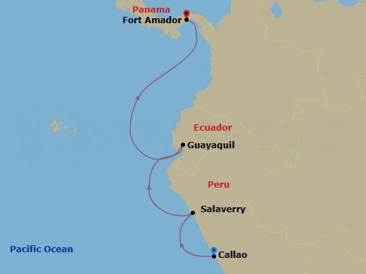 6 Night - South America - Crystal Serenity - Starting in Lima (Callao), Salaverry, Guayaquil, Fuerte Amador (Panama City) itinerary map