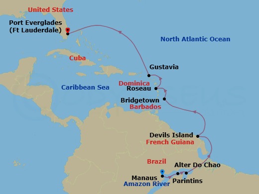13 Night - South America - Crystal Serenity - Starting in Manaus / Amazon, Parintins, Alter Do Chao, Cruising the Amazon River, Iles du Salut (Devils Island), Bridgetown, Roseau, Gustavia, St Barthelemy, Fort Lauderdale itinerary map