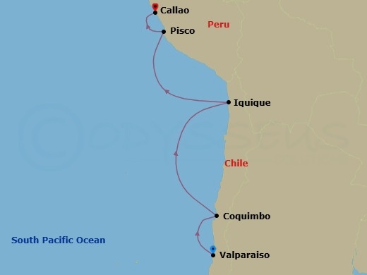 6 Night - South America - Crystal Serenity - Starting in Valparaiso, Coquimbo, Iquique, Pisco, Lima (Callao) itinerary map