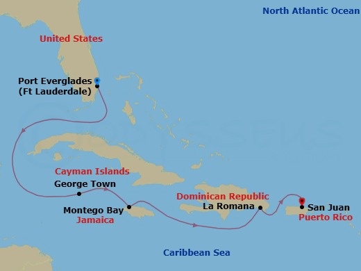 6 Night - The Americas & Caribbean - Crystal Symphony - Starting in Fort Lauderdale, George Town (Grand Cayman), Montego Bay, Casa de Campo, San Juan itinerary map