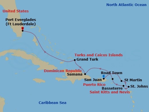 8 Night - The Americas & Caribbean - Crystal Symphony - Starting in San Juan, Marigot, St Martin, St Johns, St Kitts (Basseterre), Road Town, Samana, Grand Turk, Fort Lauderdale itinerary map