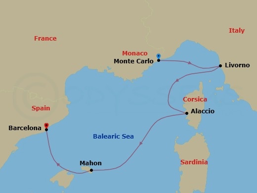 5 Night - Europe & Mediterranean - Crystal Symphony - Starting in Monte Carlo, Livorno (Tuscany), Ajaccio (Corsica), Porto Mahon, Barcelona itinerary map