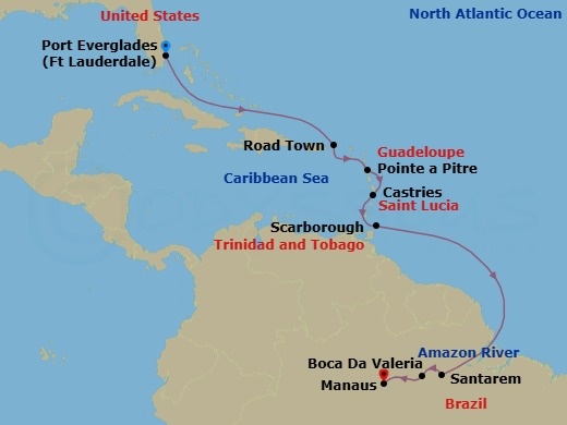 12 Night - South America - Crystal Serenity - Starting in Fort Lauderdale, Road Town, Pointe-a-Pitre, French West Indies, Castries, St Lucia, Scarborough, Cruising the Amazon River, Santarem, Boca Da Valeria, Manaus / Amazon itinerary map
