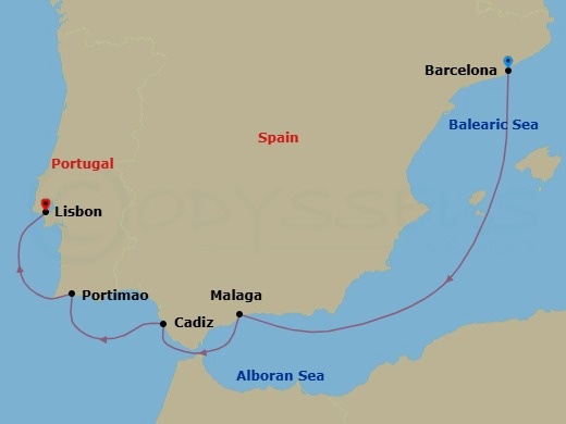 5 Night - Europe & Mediterranean - Crystal Symphony - Starting in Barcelona, Malaga (Costa del Sol), Cadiz, Portimao, Lisbon itinerary map