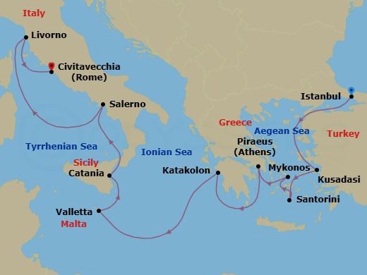12 Night - Istanbul City Highlights Pre Cruisetour - Norwegian Viva Tours - Starting in At Hotel, Istanbul, Turkey, Kusadasi, Turkey, Santorini Island, Greece, Mykonos, Greece, Piraeus / Athens, Greece, Olympia / Katakolon, Greece, Valletta, Malta, Catania, Italy, Amalfi Coast (Salerno), Italy, Livorno / Florence / Pisa, Italy, Civitavecchia Rome, Italy itinerary map