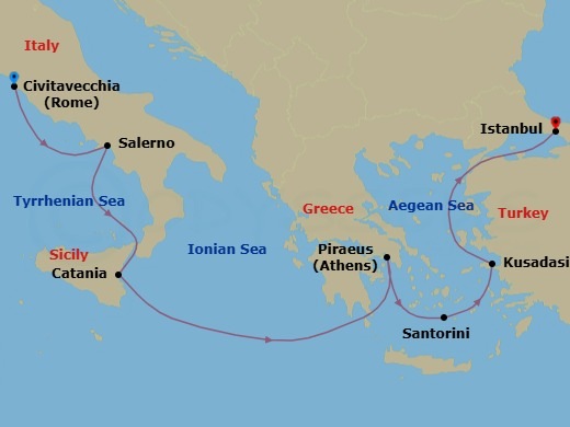 10 Night - Rome & Etruria Pre Cruisetour - Norwegian Viva Tours - Starting in At Hotel, Civitavecchia Rome, Italy, Amalfi Coast (Salerno), Italy, Catania, Italy, Piraeus / Athens, Greece, Santorini Island, Greece, Kusadasi, Turkey, Istanbul, Turkey itinerary map