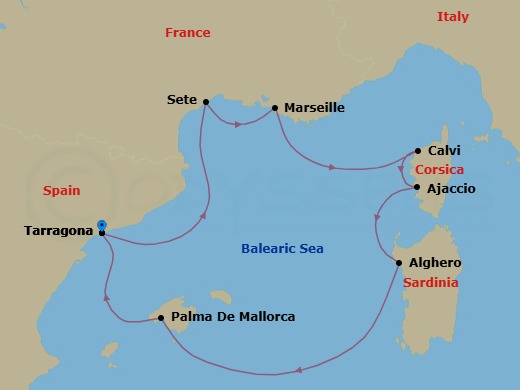 7 Night - Mediterranean Shores - L'Austral - Starting in Tarragona, Sete, Marseille, Calvi, Corsica, Ajaccio, Corsica, Alghero, Sardinia, Palma de Mallorca, Balearic Islands, Tarragona itinerary map