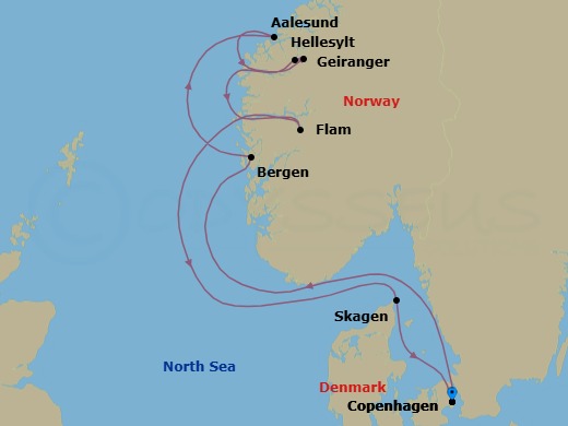 8 Night - Copenhagen to Copenhagen - Silver Nova - Starting in Copenhagen, Bergen, Alesund, Geiranger, Norway, Hellesylt, Norway, Flam, Norway, Skagen, Copenhagen itinerary map