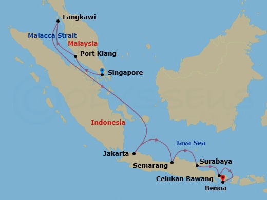 10 Night - Legendary Coral Triangle - Oceania Riviera - Starting in Singapore, Kuala Lumpur (Port Klang), Langkawi, Jakarta (Java), Semarang (Java), Surabaya (Java), Bali (Celukan Bawang), Bali (Benoa) itinerary map