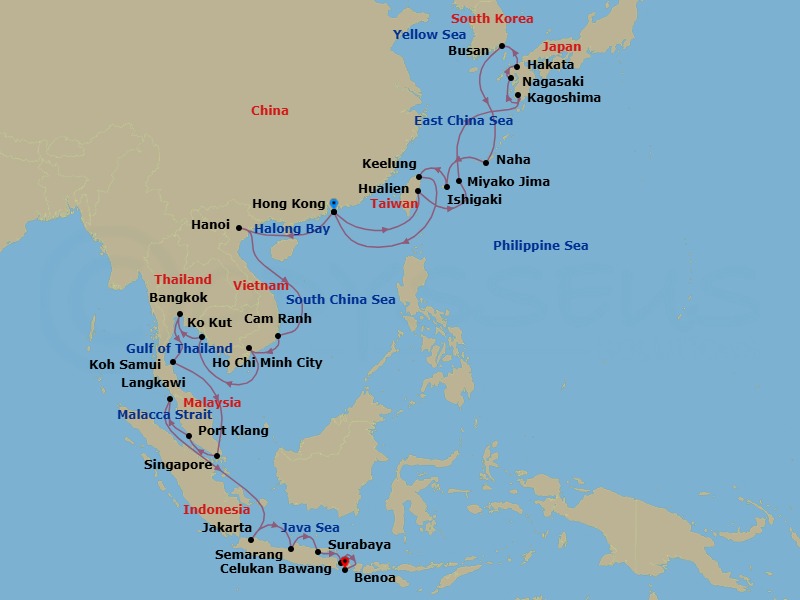 36 Night - Southern Asia Explorer - Oceania Riviera - Starting in Hong Kong, Hualien, Miyakojima (Hirara), Kagoshima, Nagasaki, Fukuoka (Hakata), Busan, Okinawa (Naha), Ishigaki, Taipei (Keelung), Cruising the South China Sea, Hong Kong, Hanoi (Ha Long Bay), Cam Ranh, Ho Chi Minh City (Phu My), Ko Kood, Bangkok, Ko Samui, Cruising the Gulf of Thailand, Singapore, Kuala Lumpur (Port Klang), Langkawi, Jakarta (Java), Semarang (Java), Surabaya (Java), Bali (Celukan Bawang), Bali (Benoa) itinerary map