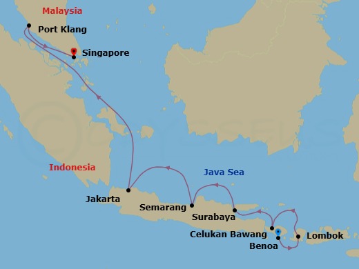11 Night - Indonesian Discovery - Oceania Marina - Starting in Bali (Benoa), Lombok (Lembar), Bali (Celukan Bawang), Surabaya (Java), Semarang (Java), Jakarta (Java), Kuala Lumpur (Port Klang), Singapore itinerary map