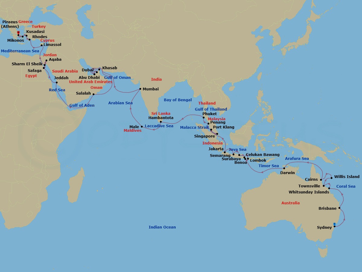 62 Night - Grand Passage to Antiquity - Oceania Marina - Starting in Sydney AU, Brisbane, Whitsunday Island (Airlie Beach), Townsville, At Sea (Willis Island (Technical Call)), Cairns, Darwin, Bali (Benoa), Lombok (Lembar), Bali (Celukan Bawang), Surabaya (Java), Semarang (Java), Jakarta (Java), Kuala Lumpur (Port Klang), Singapore, Kuala Lumpur (Port Klang), Penang, Phuket, Hambantota, Male, Mumbai, Khasab, Abu Dhabi, Dubai, Abu Dhabi, Salalah, Jeddah, Luxor (Safaga), Sharm El-Sheikh, Aqaba, Suez Canal (Transit), Limassol, Rhodes, Ephesus (Kusadasi), Mykonos, Athens (Piraeus) itinerary map
