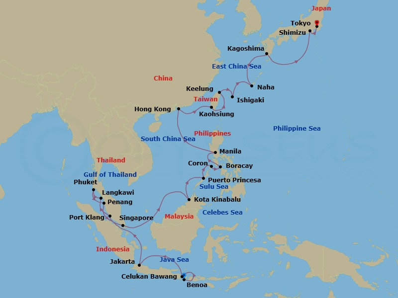 33 Night - Java Sea to Shogun Trails - Oceania Riviera - Starting in Bali (Benoa), Bali (Celukan Bawang), Jakarta (Java), Kuala Lumpur (Port Klang), Langkawi, Phuket, Penang, Singapore, Kota Kinabalu (Borneo), Puerto Princesa, Coron, Boracay Island, Manila, Hong Kong, Kaohsiung, Taipei (Keelung), Ishigaki, Okinawa (Naha), Kagoshima, Shimizu, Tokyo itinerary map