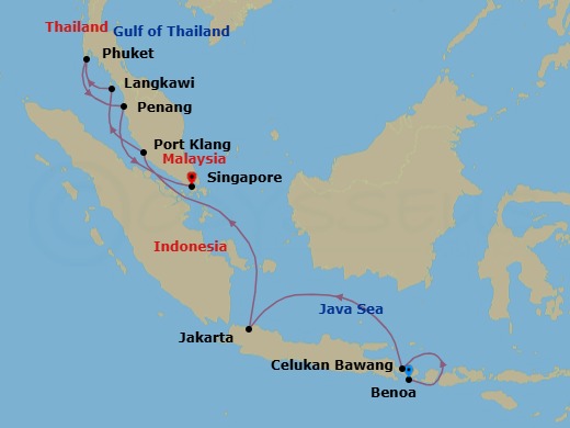 11 Night - Bali & Malay Archipelago - Oceania Riviera - Starting in Bali (Benoa), Bali (Celukan Bawang), Jakarta (Java), Kuala Lumpur (Port Klang), Langkawi, Phuket, Penang, Singapore itinerary map