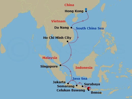 12 Night - Enchanting Southeast Asia - Oceania Riviera - Starting in Hong Kong, Hue (Da Nang), Ho Chi Minh City (Phu My), Singapore, Jakarta (Java), Semarang (Java), Surabaya (Java), Bali (Celukan Bawang), Bali (Benoa) itinerary map