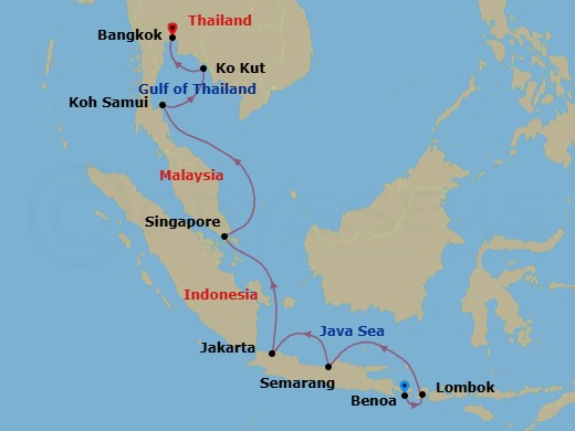 11 Night - Bangkok, Bali & Beyond - Oceania Riviera - Starting in Bali (Benoa), Lombok (Lembar), Semarang (Java), Jakarta (Java), Singapore, Ko Samui, Ko Kood, Bangkok itinerary map