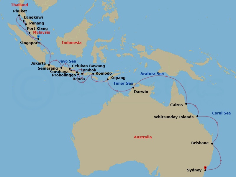 29 Night - Java Seas to Southern Cross - Oceania Marina - Starting in Singapore, Kuala Lumpur (Port Klang), Phuket, Langkawi, Penang, Jakarta (Java), Semarang (Java), Surabaya (Java), Probolinggo, Bali (Celukan Bawang), Lombok (Lembar), Bali (Benoa), Komodo, Kupang, West Timor, Darwin, Cairns, Whitsunday Island (Airlie Beach), Brisbane, Sydney AU itinerary map
