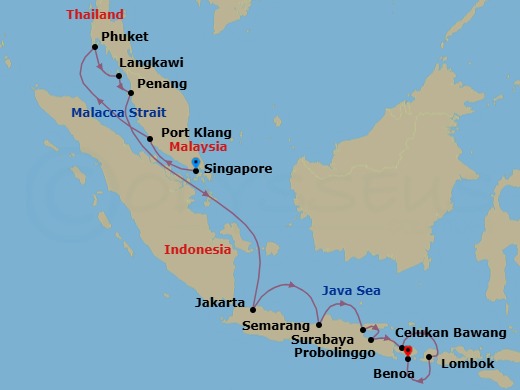 15 Night - Southeast Asia Holiday - Oceania Marina - Starting in Singapore, Kuala Lumpur (Port Klang), Phuket, Langkawi, Penang, Jakarta (Java), Semarang (Java), Surabaya (Java), Probolinggo, Bali (Celukan Bawang), Lombok (Lembar), Bali (Benoa) itinerary map
