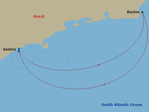 3 Night - South America - MSC Divina - Starting in Santos (Sao Paulo), Brazil, Buzios, Brazil, Santos (Sao Paulo), Brazil itinerary map