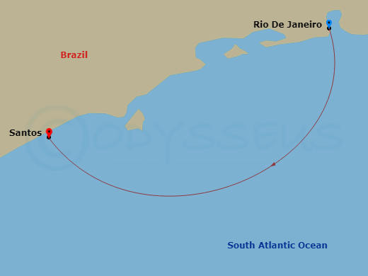 1 Night - Msc Grand Voyages - MSC Divina - Starting in Rio De Janeiro, Brazil, Santos (Sao Paulo), Brazil itinerary map