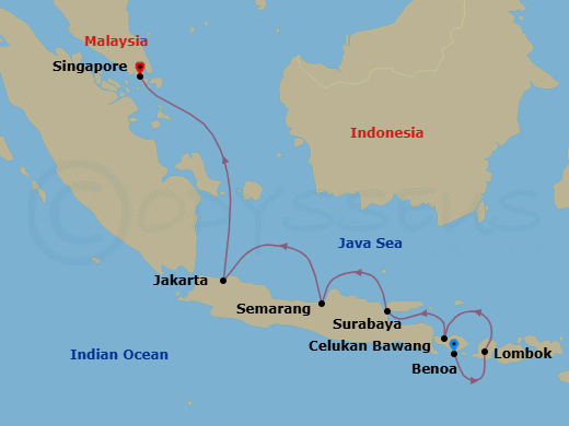 9 Night - Amazing Archipelagos - Oceania Vista - Starting in Bali (Benoa), Lombok (Lembar), Bali (Celukan Bawang), Surabaya (Java), Semarang (Java), Jakarta (Java), Singapore itinerary map