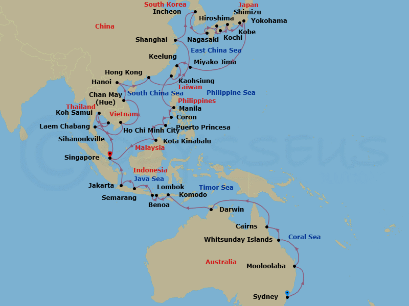 58 Night - Aussie & Eastern Traditions - Oceania Vista - Starting in Sydney AU, Mooloolaba, Whitsunday Island (Airlie Beach), Cairns, Darwin, Komodo, Lombok (Lembar), Bali (Benoa), Semarang (Java), Jakarta (Java), Singapore, Ko Samui, Sihanoukville, Laem Chabang, Ho Chi Minh City (Phu My), Hue (Chan May), Hanoi (Ha Long Bay), Hong Kong, Shanghai, Seoul (Incheon), Nagasaki, Hiroshima, Kochi, Kyoto (Kobe), Shimizu, Tokyo (Yokohama), Miyakojima (Hirara), Taipei (Keelung), Kaohsiung, Manila, Coron, Puerto Princesa, Kota Kinabalu (Borneo), Singapore itinerary map