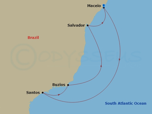 7 Night - South America - MSC Virtuosa - Starting in Maceio, Brazil, Santos (Sao Paulo), Brazil, Buzios, Brazil, Salvador, Brazil, Maceio, Brazil itinerary map