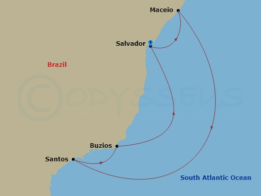 7 Night - South America - MSC Virtuosa - Starting in Salvador, Brazil, Maceio, Brazil, Santos (Sao Paulo), Brazil, Buzios, Brazil, Salvador, Brazil itinerary map